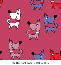 Vector seamless repeating childish pattern with cute dogs in Scandinavian style. Animals background with dog, pets, puppy for invitation, poster, card, flyer, textile, fabric.