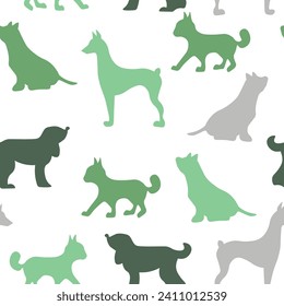 Vector seamless repeating childish pattern with cute dogs, cats in Scandinavian style. Animals background with dog, cat, pets, puppy for invitation, poster, card, flyer, textile, fabric.
