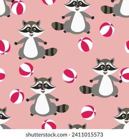 Vector seamless repeating childish pattern with cute raccoon in doodle style. Animals background for invitation, poster, card, flyer, textile, fabric.
