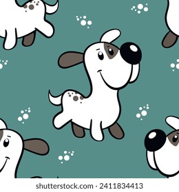 Vector seamless repeating childish pattern with cute dogs in doodle style. Animals background with dog, pets, puppy for invitation, poster, card, flyer, textile, fabric.