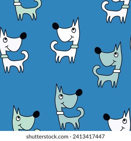 Vector seamless repeating childish pattern with cute dogs in Scandinavian style. Animals background with dog, pets, puppy for invitation, poster, card, flyer, textile, fabric.
