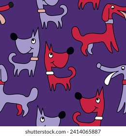 Vector seamless repeating childish pattern with cute dogs in Scandinavian style. Animals background with dog, pets, puppy for invitation, poster, card, flyer, textile, fabric.