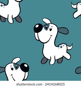 Vector seamless repeating childish pattern with cute dogs in doodle style. Animals background with dog, pets, puppy for invitation, poster, card, flyer, textile, fabric.
