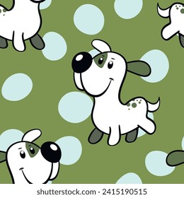 Vector seamless repeating childish pattern with cute dogs in doodle style. Animals background with dog, pets, puppy for invitation, poster, card, flyer, textile, fabric.