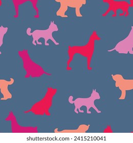 Vector seamless repeating childish pattern with cute dogs, cats in Scandinavian style. Animals background with dog, cat, pets, puppy for invitation, poster, card, flyer, textile, fabric.