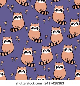 Vector seamless repeating childish pattern with cute raccoon in doodle style. Animals background for invitation, poster, card, flyer, textile, fabric.