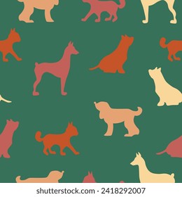 Vector seamless repeating childish pattern with cute dogs, cats in Scandinavian style. Animals background with dog, cat, pets, puppy for invitation, poster, card, flyer, textile, fabric.