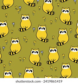 Vector seamless repeating childish pattern with cute raccoon in doodle style. Animals background for invitation, poster, card, flyer, textile, fabric.