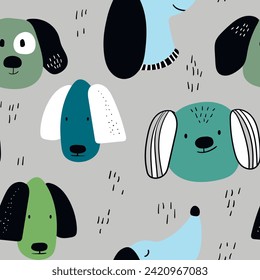 Vector seamless repeating childish pattern with cute dogs in Scandinavian style. Animals background with dog, pets, puppy for invitation, poster, card, flyer, textile, fabric.