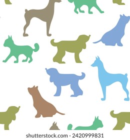 Vector seamless repeating childish pattern with cute dogs, cats in Scandinavian style. Animals background with dog, cat, pets, puppy for invitation, poster, card, flyer, textile, fabric.