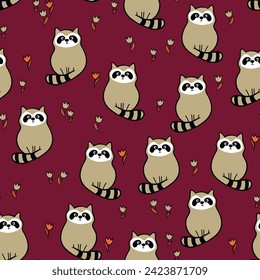 Vector seamless repeating childish pattern with cute raccoon in doodle style. Animals background for invitation, poster, card, flyer, textile, fabric.