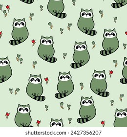 Vector seamless repeating childish pattern with cute raccoon in doodle style. Animals background for invitation, poster, card, flyer, textile, fabric.
