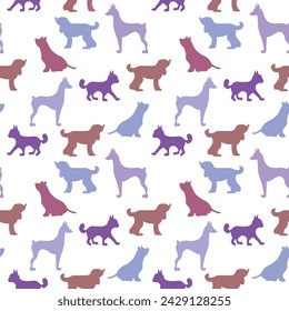 Vector seamless repeating childish pattern with cute dogs, cats in Scandinavian style. Animals background with dog, cat, pets, puppy for invitation, poster, card, flyer, textile, fabric.