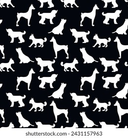 Vector seamless repeating childish pattern with cute dogs, cats in Scandinavian style. Animals background with dog, cat, pets, puppy for invitation, poster, card, flyer, textile, fabric.