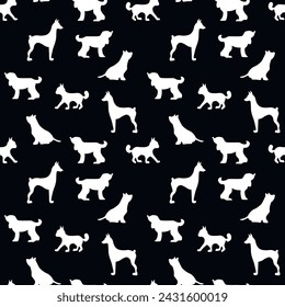 Vector seamless repeating childish pattern with cute dogs, cats in Scandinavian style. Animals background with dog, cat, pets, puppy for invitation, poster, card, flyer, textile, fabric.