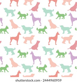 Vector seamless repeating childish pattern with cute dogs, cats in Scandinavian style. Animals background with dog, cat, pets, puppy for invitation, poster, card, flyer, textile, fabric.