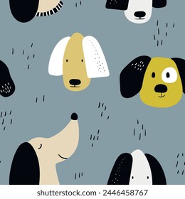 Vector seamless repeating childish pattern with cute dogs in Scandinavian style. Animals background with dog, pets, puppy for invitation, poster, card, flyer, textile, fabric.