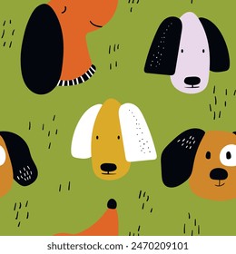 Vector seamless repeating childish pattern with cute dogs in Scandinavian style. Animals background with dog, pets, puppy for invitation, poster, card, flyer, textile, fabric.