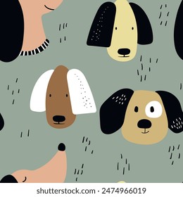 Vector seamless repeating childish pattern with cute dogs in Scandinavian style. Animals background with dog, pets, puppy for invitation, poster, card, flyer, textile, fabric.