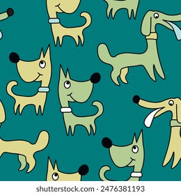 Vector seamless repeating childish pattern with cute dogs in Scandinavian style. Animals background with dog, pets, puppy for invitation, poster, card, flyer, textile, fabric.