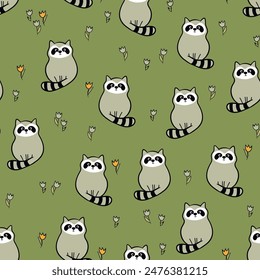 Vector seamless repeating childish pattern with cute raccoon in doodle style. Animals background for invitation, poster, card, flyer, textile, fabric.