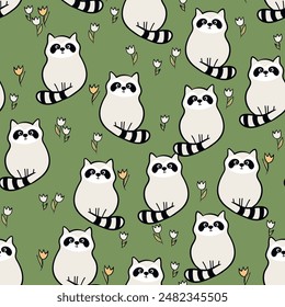 Vector seamless repeating childish pattern with cute raccoon in doodle style. Animals background for invitation, poster, card, flyer, textile, fabric.