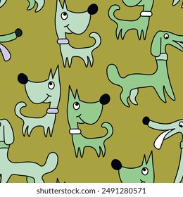 Vector seamless repeating childish pattern with cute dogs in Scandinavian style. Animals background with dog, pets, puppy for invitation, poster, card, flyer, textile, fabric.