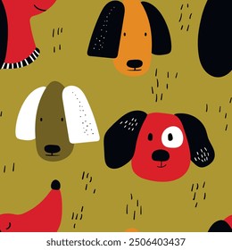 Vector seamless repeating childish pattern with cute dogs in Scandinavian style. Animals background with dog, pets, puppy for invitation, poster, card, flyer, textile, fabric.