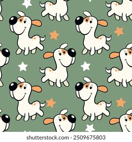 Vector seamless repeating childish pattern with cute dogs in doodle style. Animals background with dog, pets, puppy for invitation, poster, card, flyer, textile, fabric.