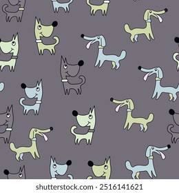 Vector seamless repeating childish pattern with cute dogs in Scandinavian style. Animals background with dog, pets, puppy for invitation, poster, card, flyer, textile, fabric.