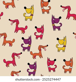 Vector seamless repeating childish pattern with cute dogs in Scandinavian style. Animals background with dog, pets, puppy for invitation, poster, card, flyer, textile, fabric.