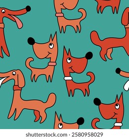 Vector seamless repeating childish pattern with cute dogs in Scandinavian style. Animals background with dog, pets, puppy for invitation, poster, card, flyer, textile, fabric.