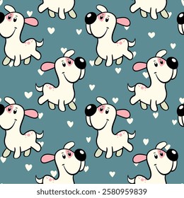 Vector seamless repeating childish pattern with cute dogs in doodle style. Animals background with dog, pets, puppy for invitation, poster, card, flyer, textile, fabric.