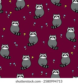 Vector seamless repeating childish pattern with cute raccoon in doodle style. Animals background for invitation, poster, card, flyer, textile, fabric.