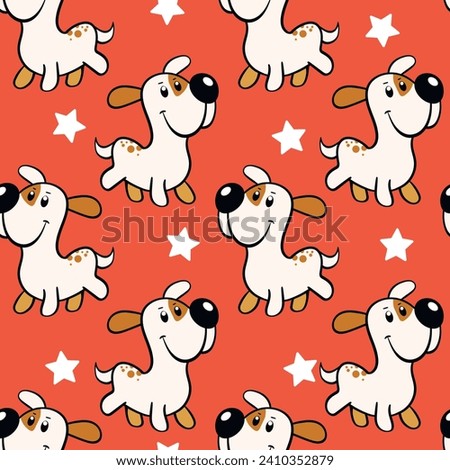 Vector seamless repeating childish pattern with cute dogs in doodle style. Animals background with dog, pets, puppy for invitation, poster, card, flyer, textile, fabric.