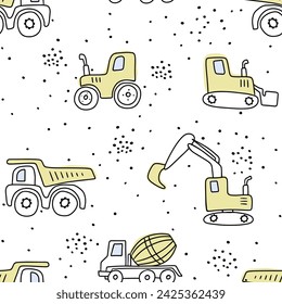 Vector sin fisuras niños que repiten patrón simple con los coches. Patrón sin fisuras de los niños con el equipo de construcción. Divertido transporte de construcción