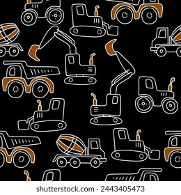 Vector seamless repeating children simple pattern with construction machines.