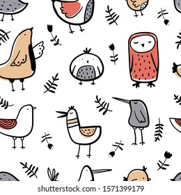 Vector seamless repeating color cute childish hand-drawn pattern with different birds, leaves in Scandinavian style on a white background. Cute childish seamless pattern with birds. Doodle birds.