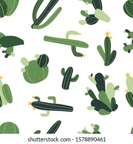 Vector seamless repeating color hand-drawn pattern with different green cacti in Scandinavian style on a white background. Seamless pattern with cacti. Succulents.