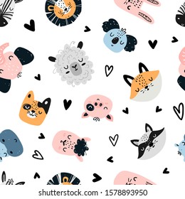 Vector seamless repeating color hand-drawn children pattern with funny cute animals and hearts in Scandinavian style on a white background. Seamless pattern with animal heads.