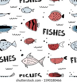 Vector seamless repeating color hand-drawn linear ink doodle children pattern with different fish in scandinavian style on a white background.Pattern with doodles of fish. Underwater,aquarium