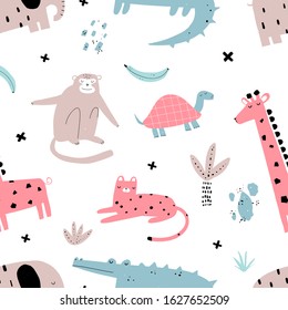 Vector seamless repeating color hand-drawn children pattern with african animals in scandinavian style on a white background. Seamless pattern with crocodile, monkey, giraffe, turtle and leopard. 