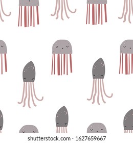 Vector seamless repeating color hand-drawn children`s pattern with jellyfish and octopuses in Scandinavian style on a white background. Scandinavian children's pattern with jellyfish. Cute baby animal