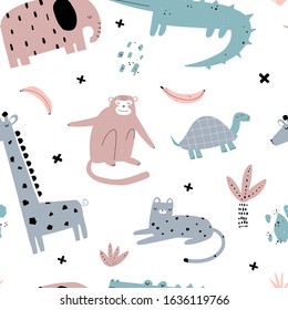 Vector seamless repeating color hand-drawn children pattern with african animals in scandinavian style on a white background. Seamless pattern with crocodile, monkey, giraffe, turtle and leopard. 