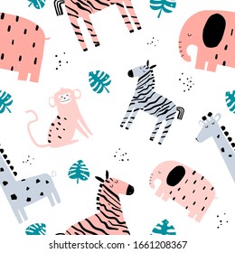 Vector seamless repeating color hand-drawn children pattern with african animals in scandinavian style on a white background. Seamless pattern with elephant, zebra, giraffe, monkey and monstera leaf.