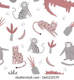 Vector seamless repeating color hand-drawn children pattern with african animals in scandinavian style on a white background.Seamless pattern with crocodile, monkey, leopard,pineapple,banana and palm.