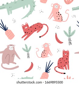 Vector seamless repeating color hand-drawn children pattern with african animals in scandinavian style on a white background.Seamless pattern with crocodile, monkey, leopard,pineapple,banana and palm.