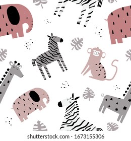 Vector seamless repeating color hand-drawn children pattern with african animals in scandinavian style on a white background. Seamless pattern with elephant, zebra, giraffe, monkey and monstera leaf.
