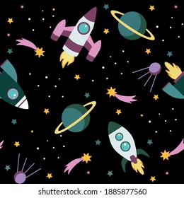 Vector seamless repeating color simple flat pattern with different rockets, planets on a black background. Seamless pattern with rockets. Space. Spaceship.