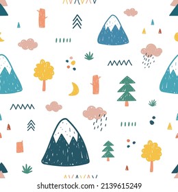 Vector seamless repeating cute children's pattern with hand-drawn mountains, trees, clouds on a white background. Children's texture for fabric, wallpaper, clothing, wrapping in Scandinavian style.